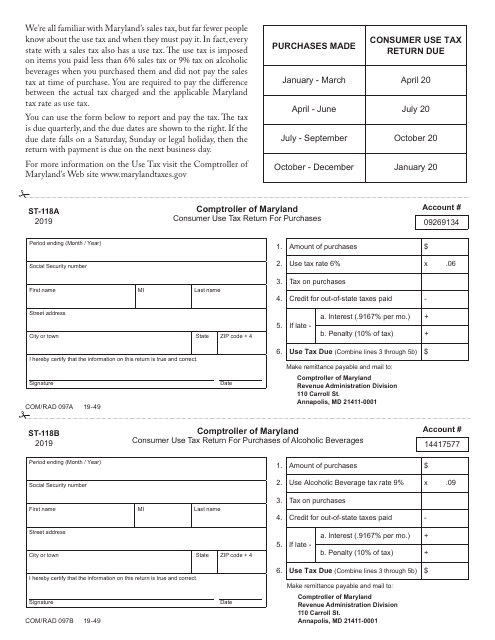 Form COM/RAD097B (ST-118B) Consumer Use Tax Return for Purchases - Maryland