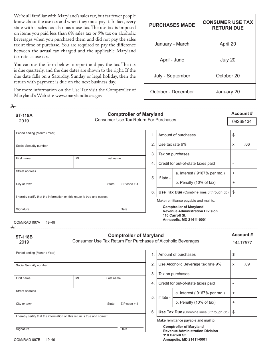 Form COM / RAD097B (ST-118B) Consumer Use Tax Return for Purchases - Maryland, Page 1