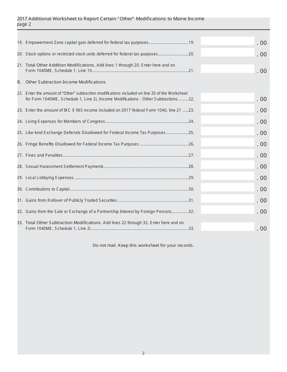 Form 1040ME Additional Worksheet to Report Certain other Modifi Cations to Maine Income Related to Federal Tax Law Changes After December 31, 2016 - Maine, Page 2