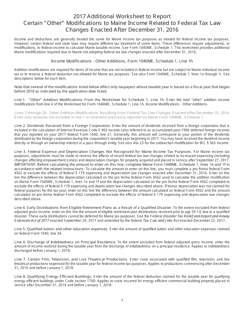 Form 1040ME Additional Worksheet to Report Certain other Modifi Cations to Maine Income Related to Federal Tax Law Changes After December 31, 2016 - Maine, Page 3