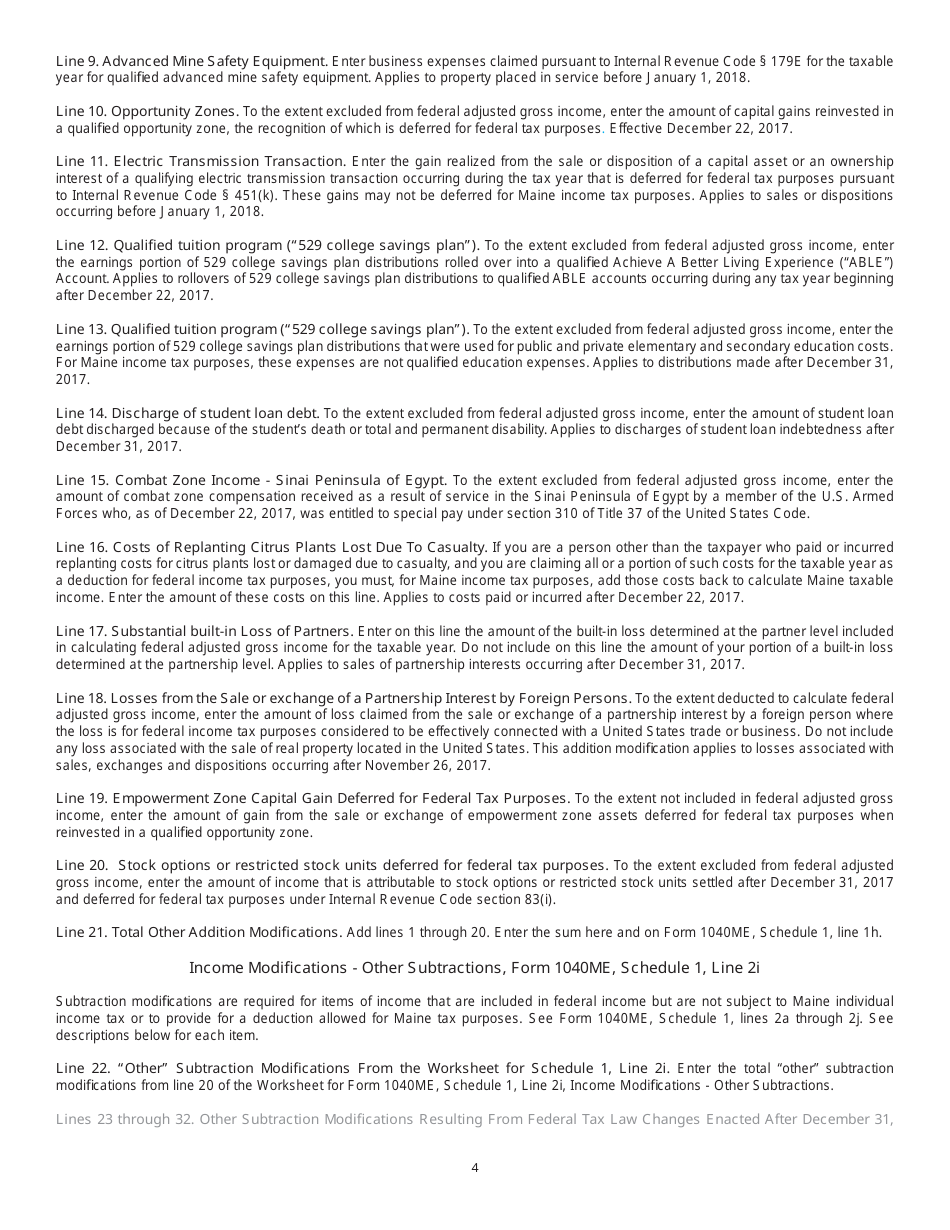 Form 1040ME Additional Worksheet to Report Certain other Modifi Cations to Maine Income Related to Federal Tax Law Changes After December 31, 2016 - Maine, Page 4