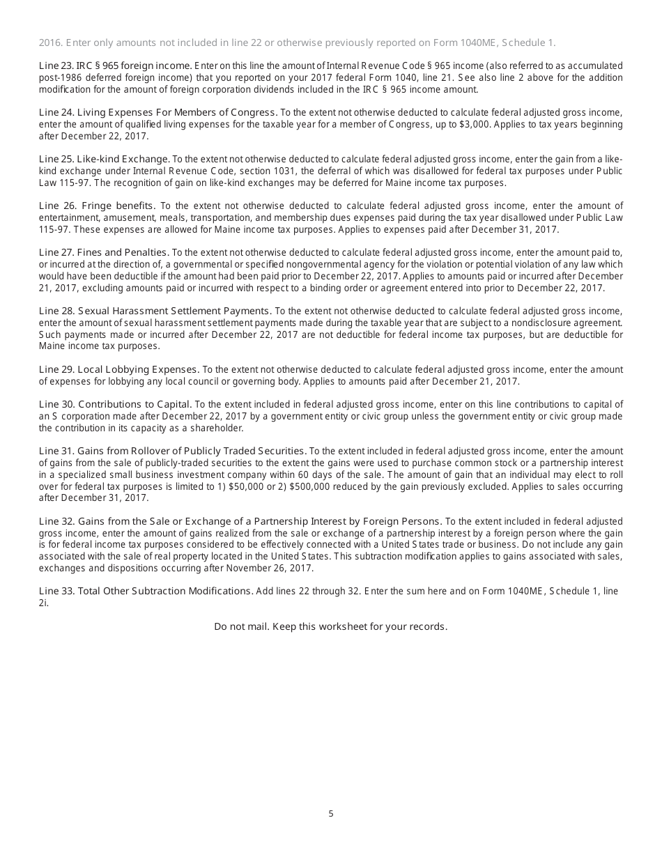 Form 1040ME Additional Worksheet to Report Certain other Modifi Cations to Maine Income Related to Federal Tax Law Changes After December 31, 2016 - Maine, Page 5