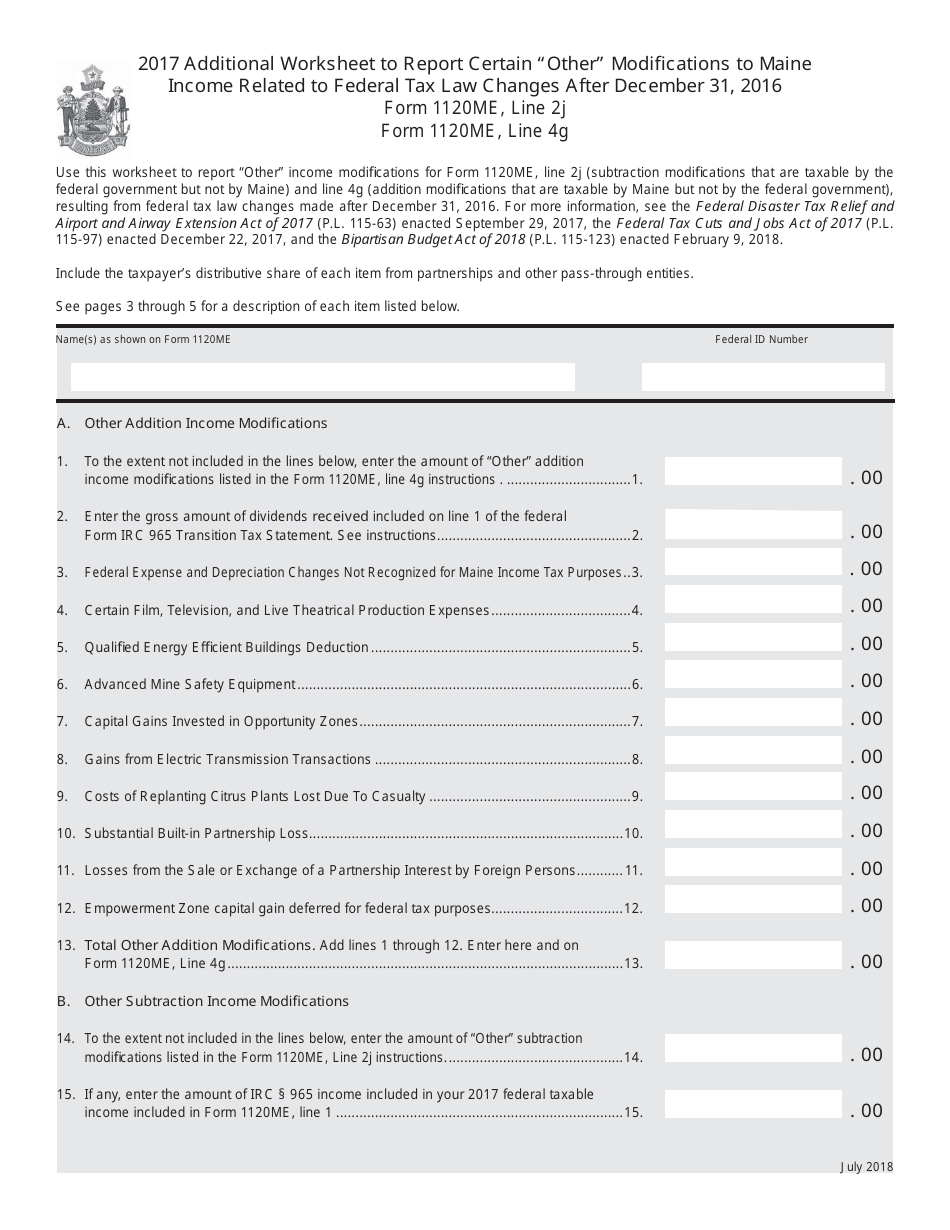 Form 1120ME Additional Worksheet to Report Certain other Modifi Cations to Maine Income Related to Federal Tax Law Changes After December 31, 2016 - Maine, Page 1