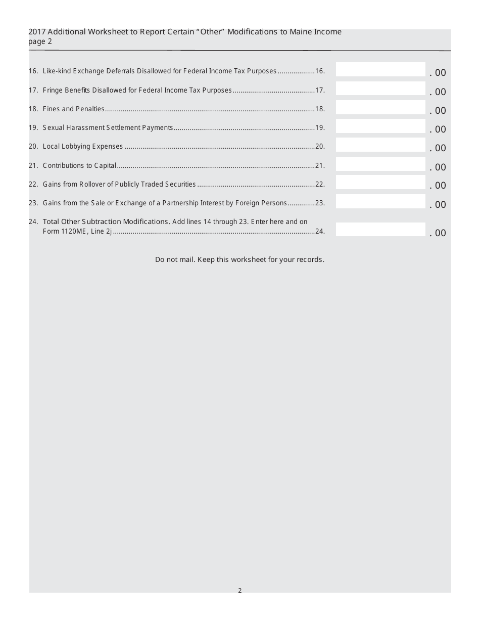 Form 1120ME Additional Worksheet to Report Certain other Modifi Cations to Maine Income Related to Federal Tax Law Changes After December 31, 2016 - Maine, Page 2