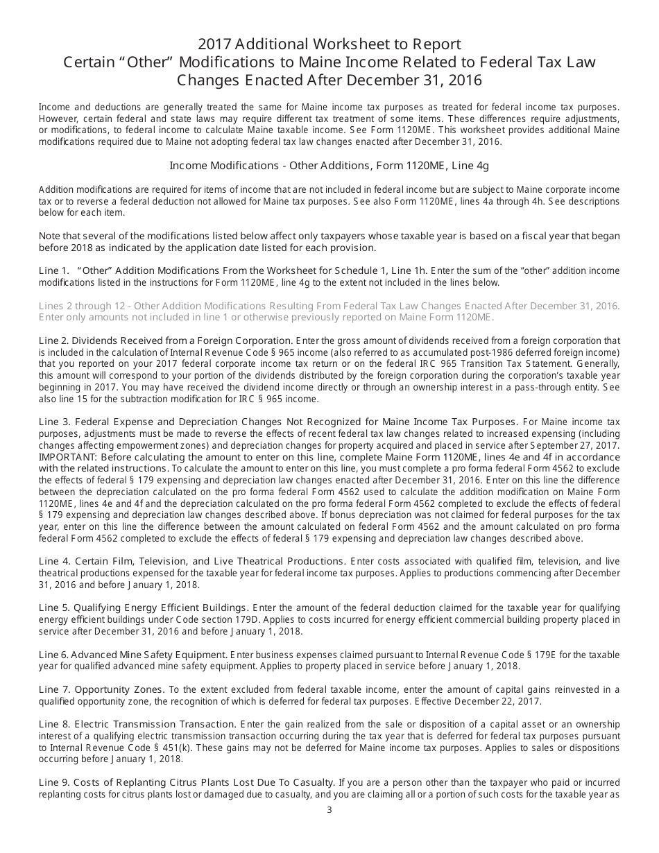Form 1120ME Additional Worksheet to Report Certain other Modifi Cations to Maine Income Related to Federal Tax Law Changes After December 31, 2016 - Maine, Page 3