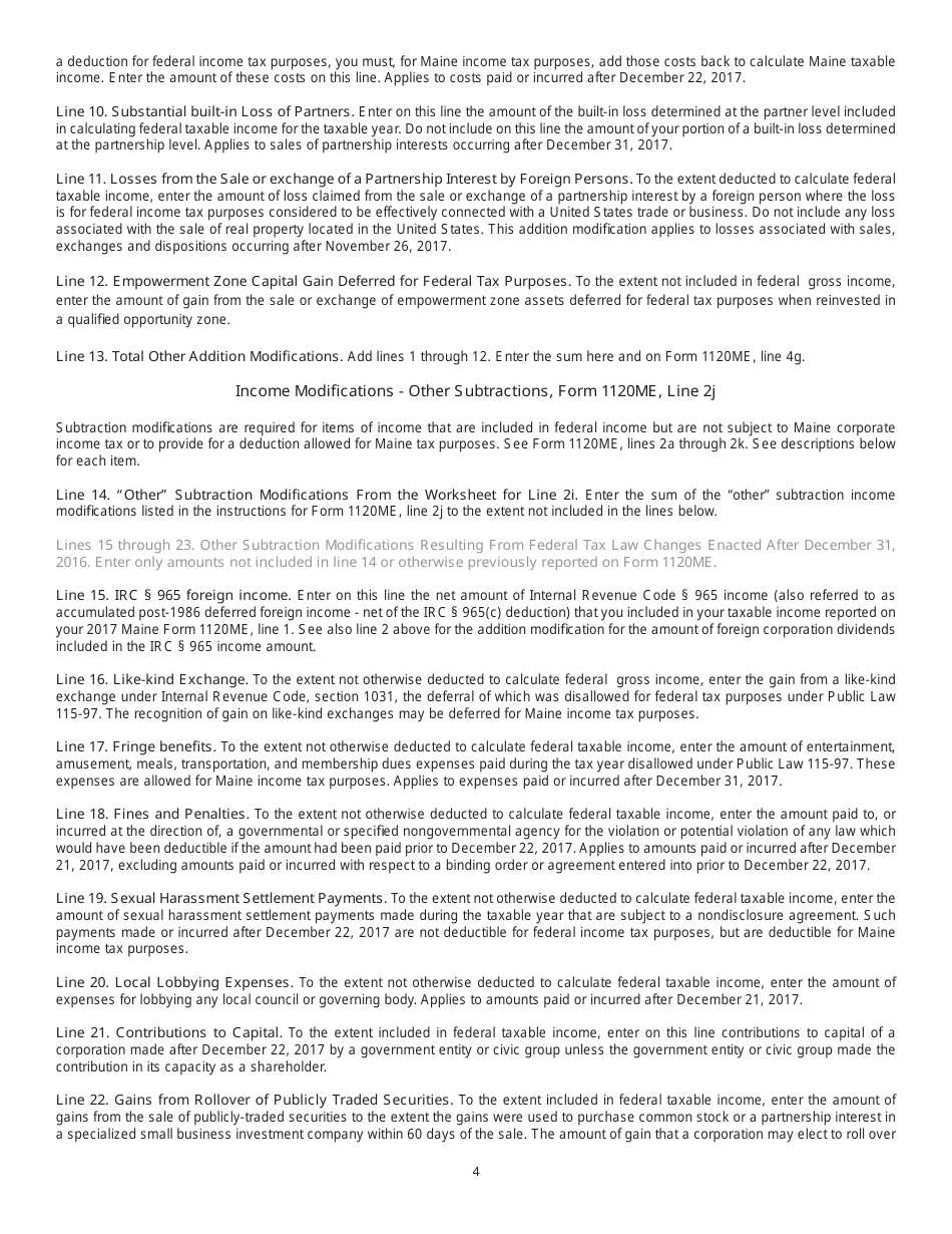 Form 1120ME Additional Worksheet to Report Certain other Modifi Cations to Maine Income Related to Federal Tax Law Changes After December 31, 2016 - Maine, Page 4