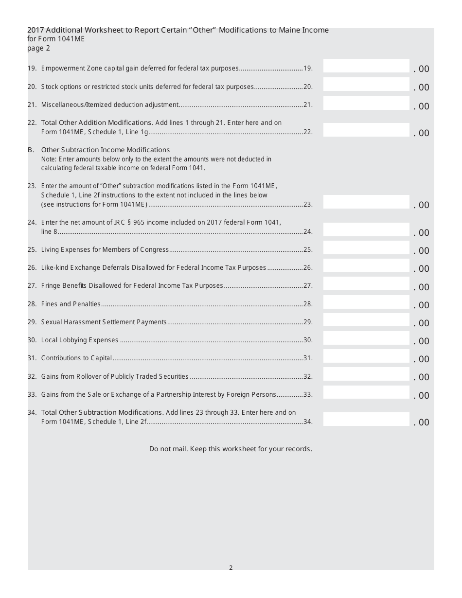 Form 1041ME Additional Worksheet to Report Certain other Modifi Cations to Maine Income Related to Federal Tax Law Changes After December 31, 2016 - Maine, Page 2