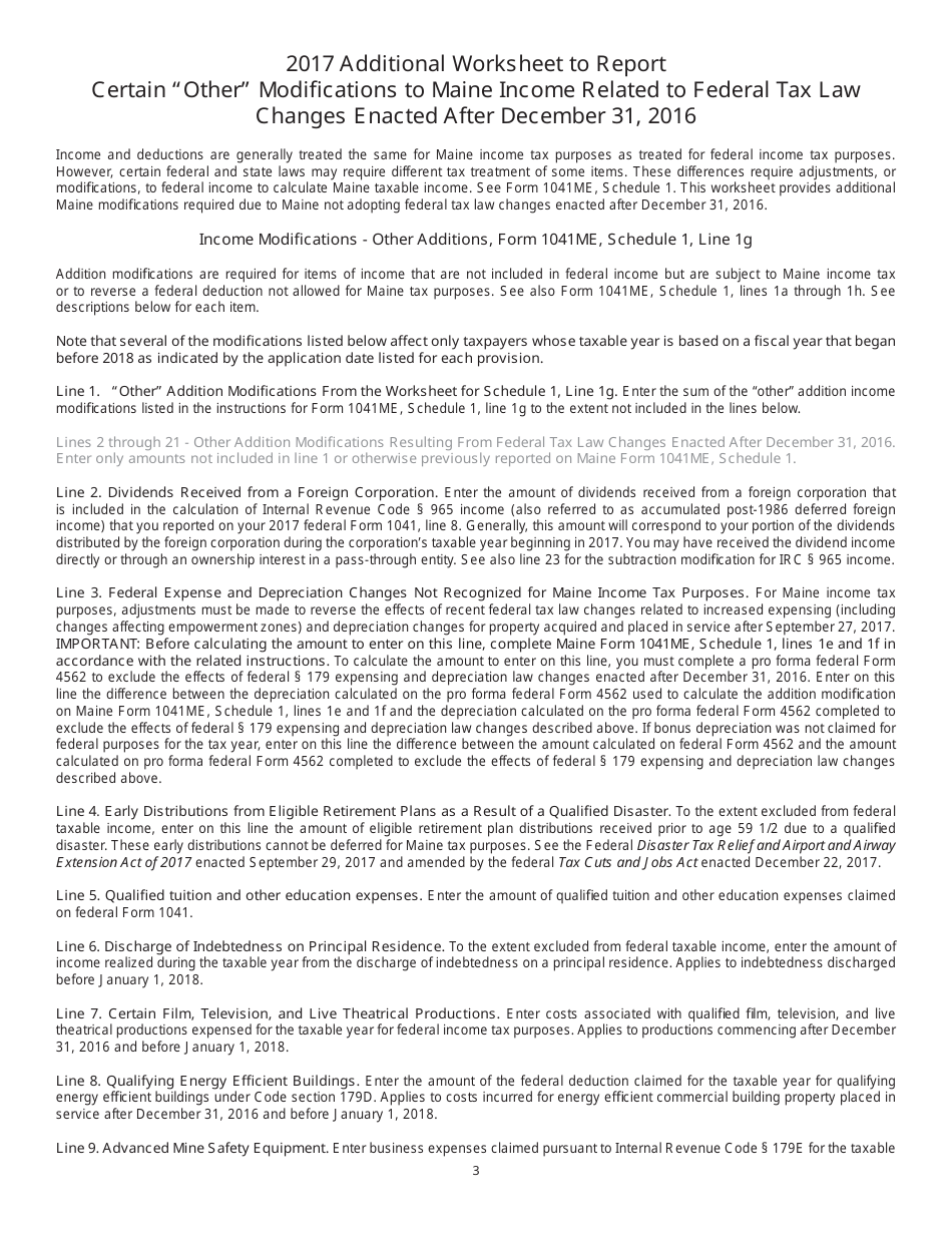 Form 1041ME Additional Worksheet to Report Certain other Modifi Cations to Maine Income Related to Federal Tax Law Changes After December 31, 2016 - Maine, Page 3