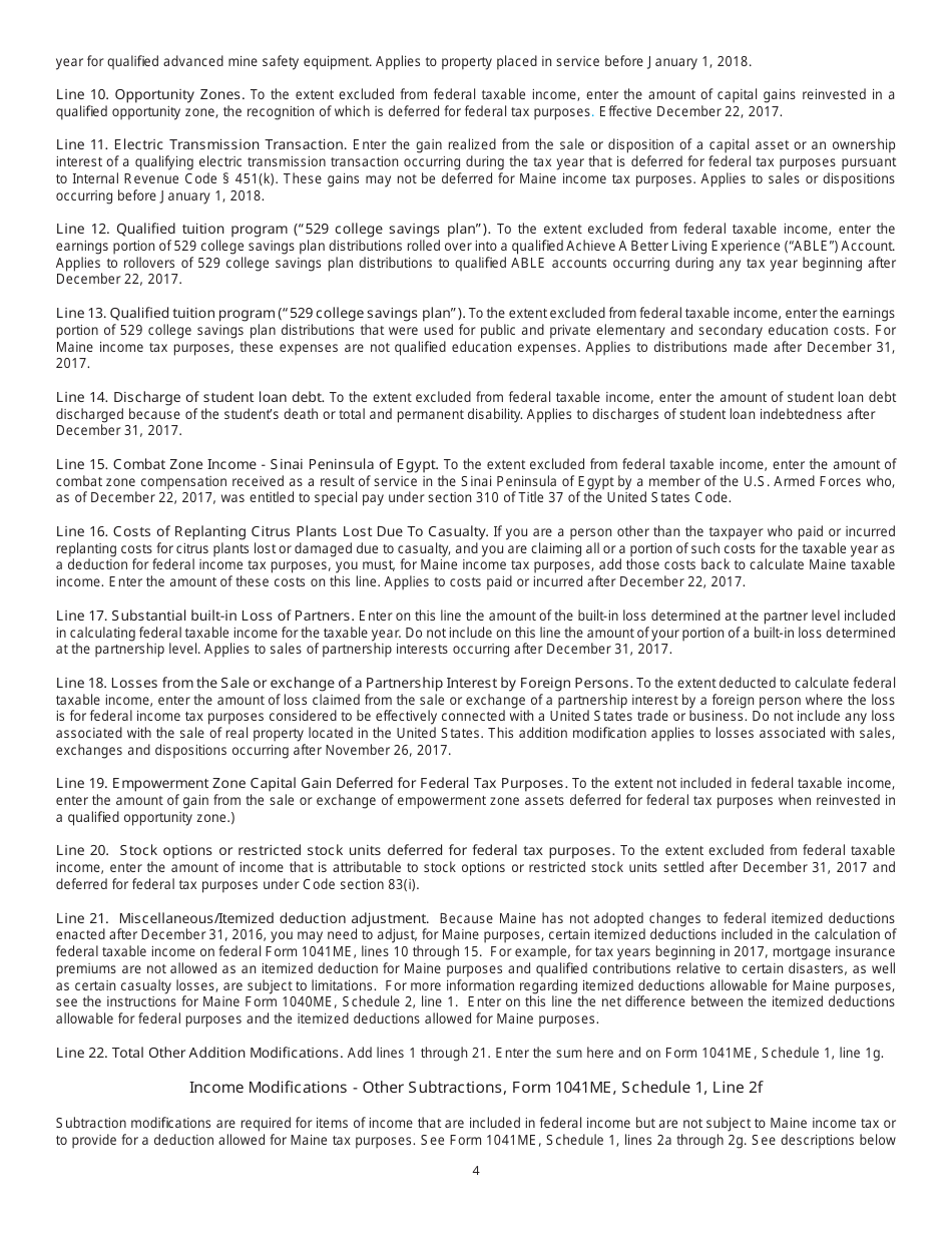 Form 1041ME Additional Worksheet to Report Certain other Modifi Cations to Maine Income Related to Federal Tax Law Changes After December 31, 2016 - Maine, Page 4