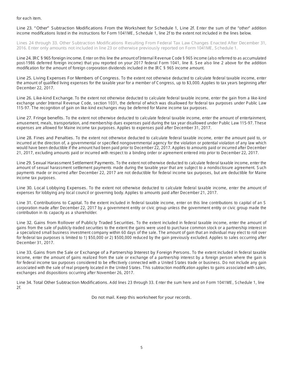 Form 1041ME Additional Worksheet to Report Certain other Modifi Cations to Maine Income Related to Federal Tax Law Changes After December 31, 2016 - Maine, Page 5