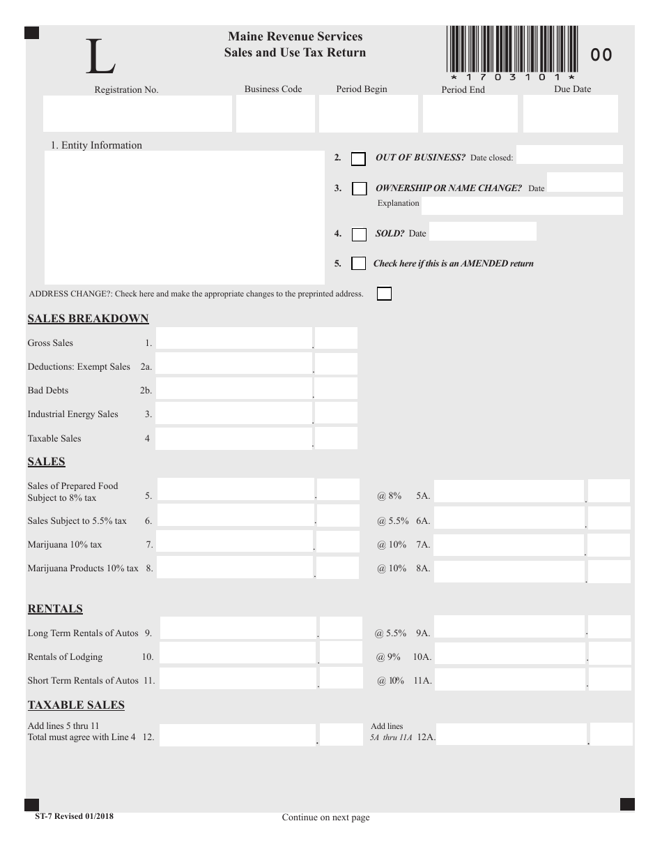 Form ST-7 Sales and Use Tax Return - Maine, Page 1