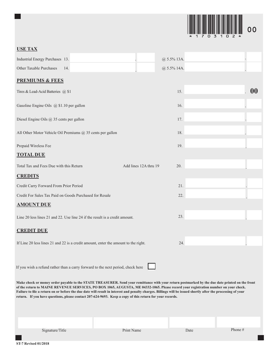 Form ST-7 Sales and Use Tax Return - Maine, Page 2