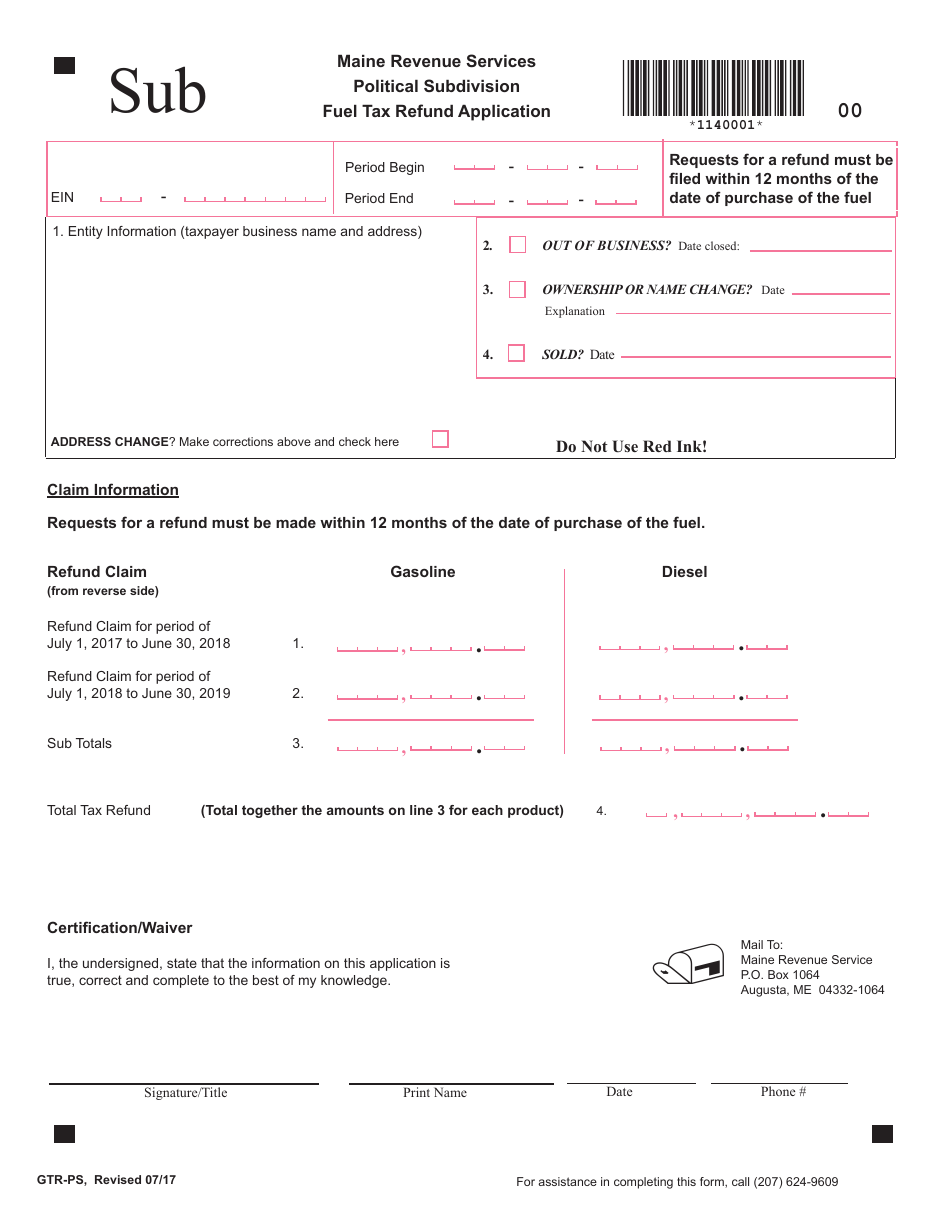 Form GTR-PS Fuel Tax Refund Application - Political Subdivision - Maine, Page 1
