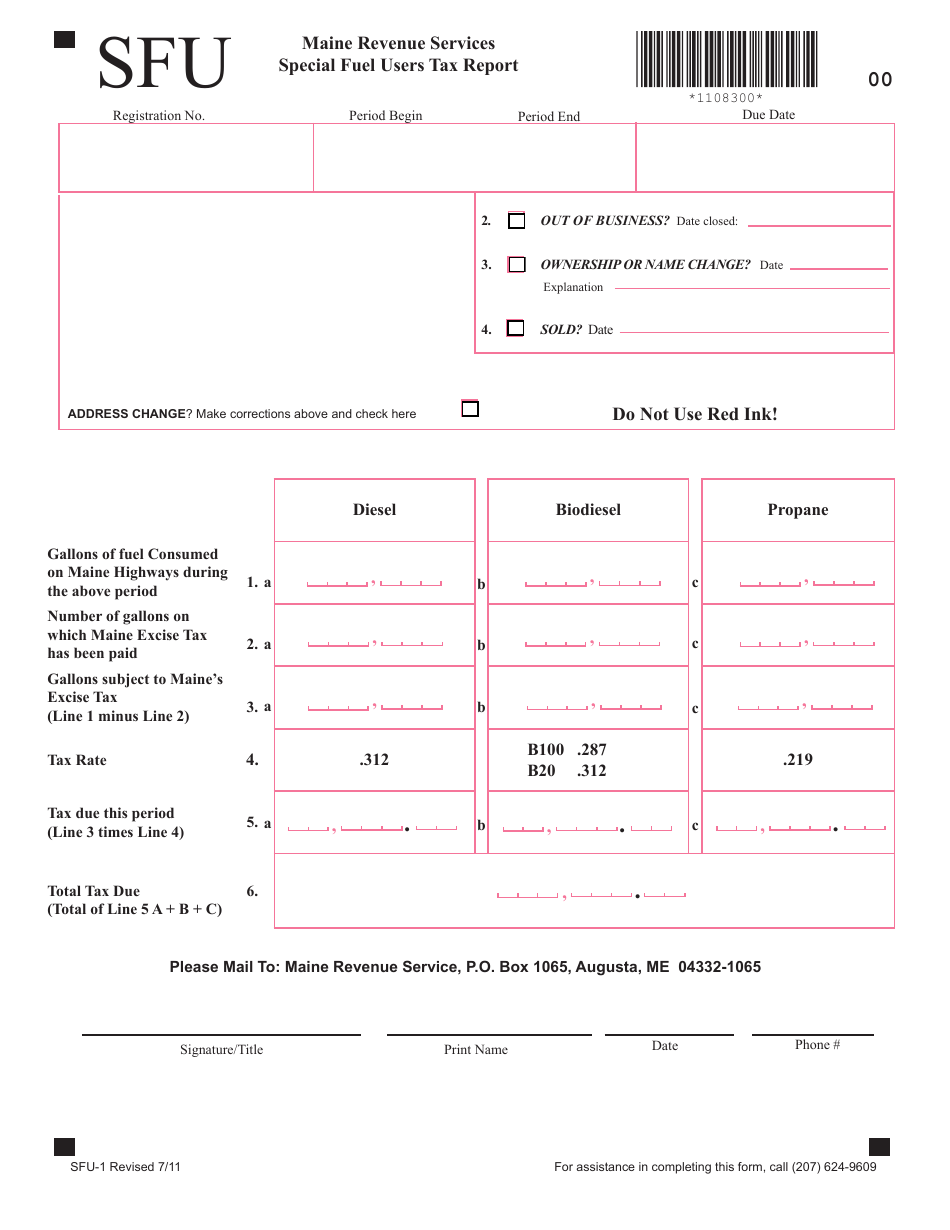 Form SFU-1 Special Fuel Users Tax Report - Maine, Page 1