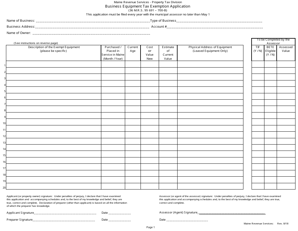 Business Equipment Tax Exemption Application - Maine, Page 1