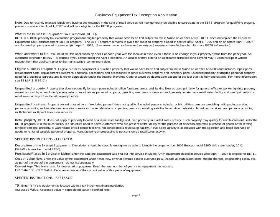 Business Equipment Tax Exemption Application - Maine, Page 2