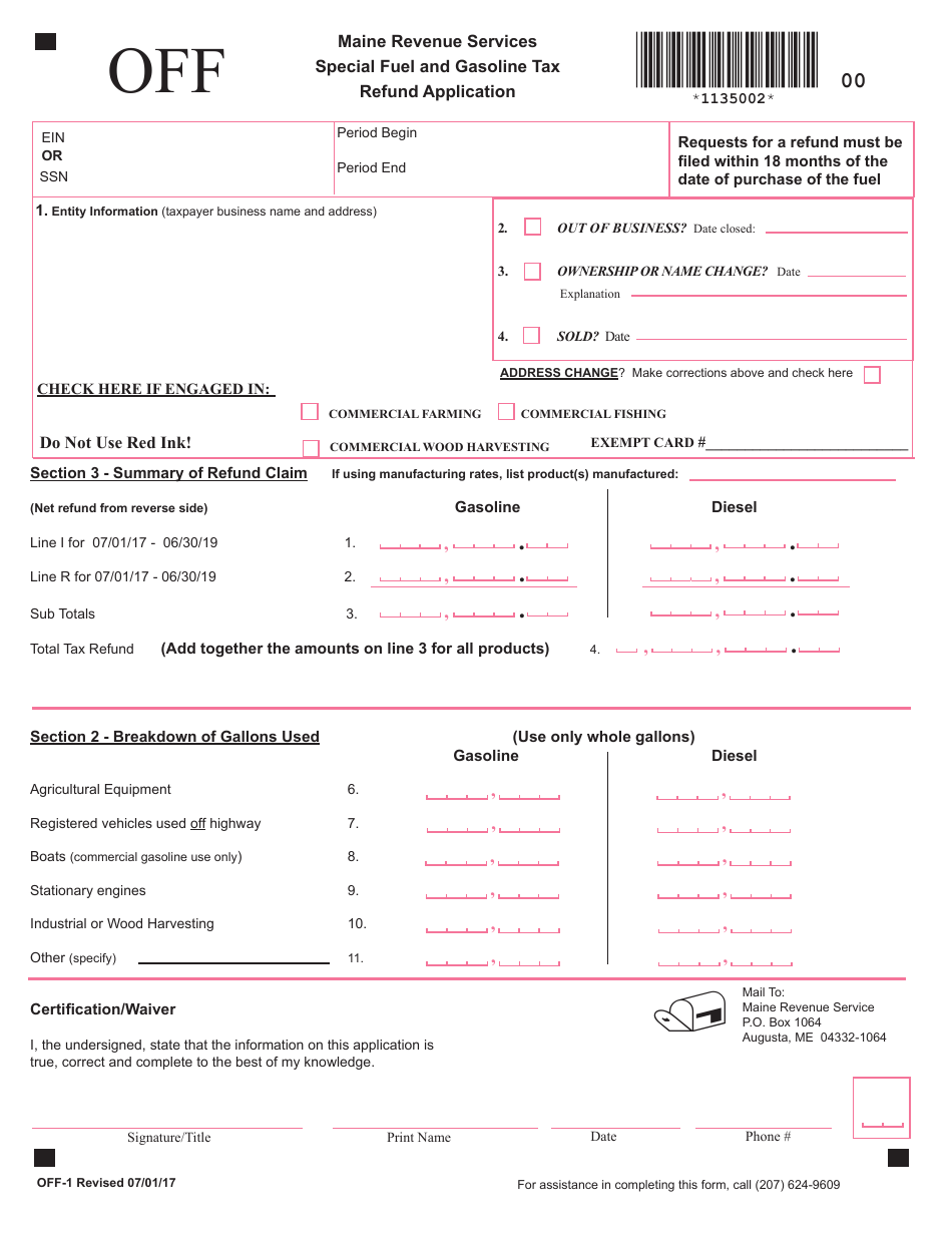 Form OFF-1 Off Highway Refund Application - Special Fuel and Gasoline Tax - Maine, Page 1