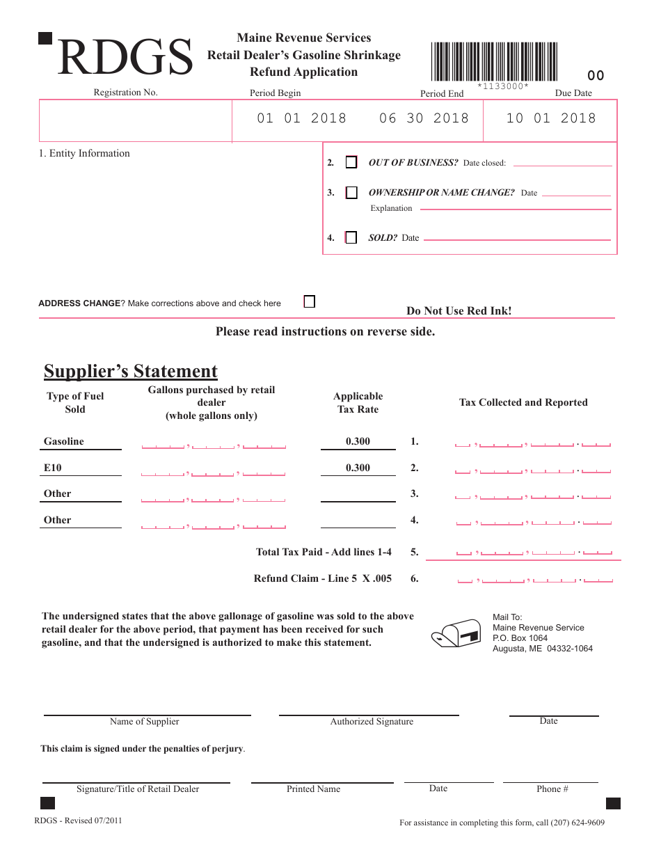 Form RDGS Retail Dealers Gasoline Shrinkage Refund Application - Maine, Page 1