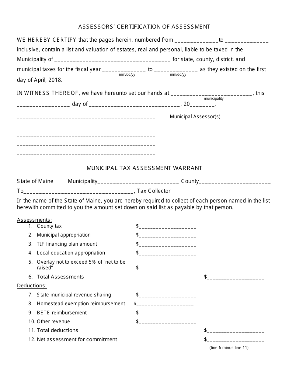 Form PTA200 Assessors Certification of Assessment - Maine, Page 1