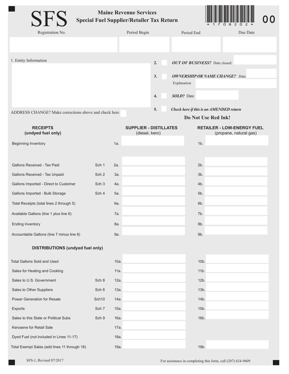 Form SFS-1 Special Fuel Supplier / Retailer Tax Return - Maine, Page 1