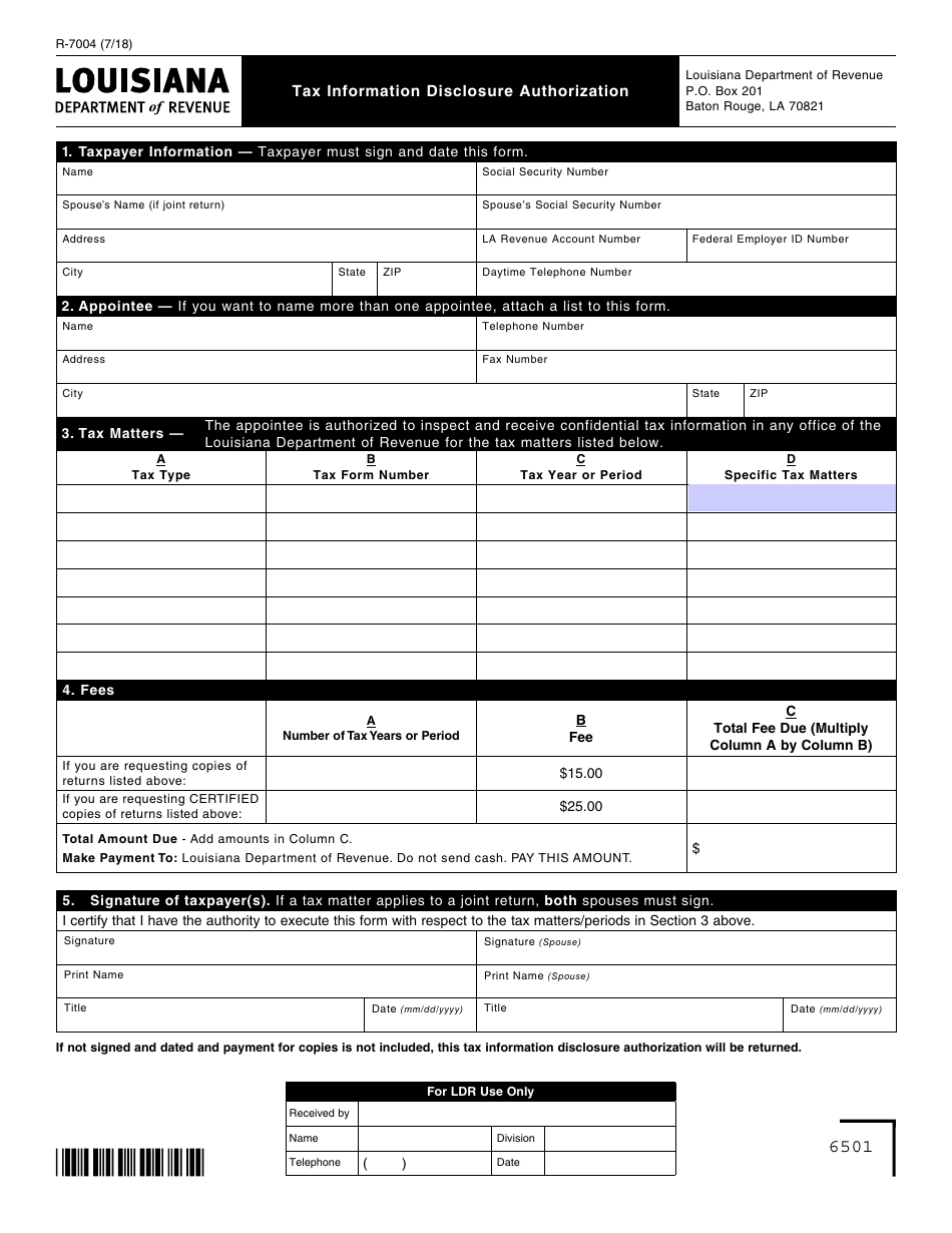 Form R-7004 Tax Information Disclosure Authorization - Louisiana, Page 1