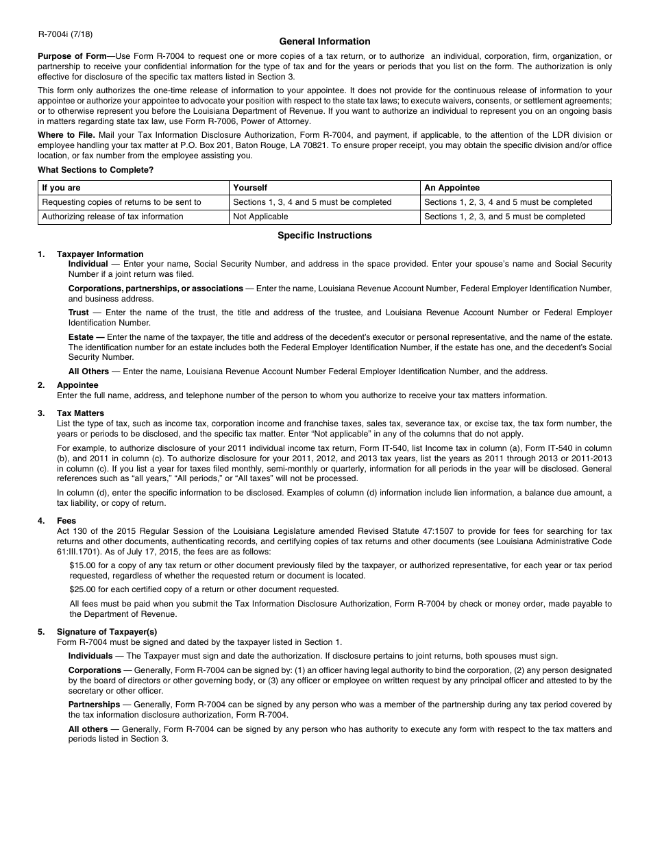Instructions for Form R-7004 Tax Information Disclosure Authorization - Louisiana, Page 1