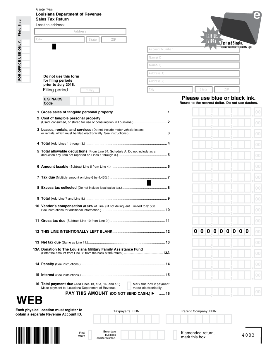 Form R-1029 Sales Tax Return - Louisiana, Page 1