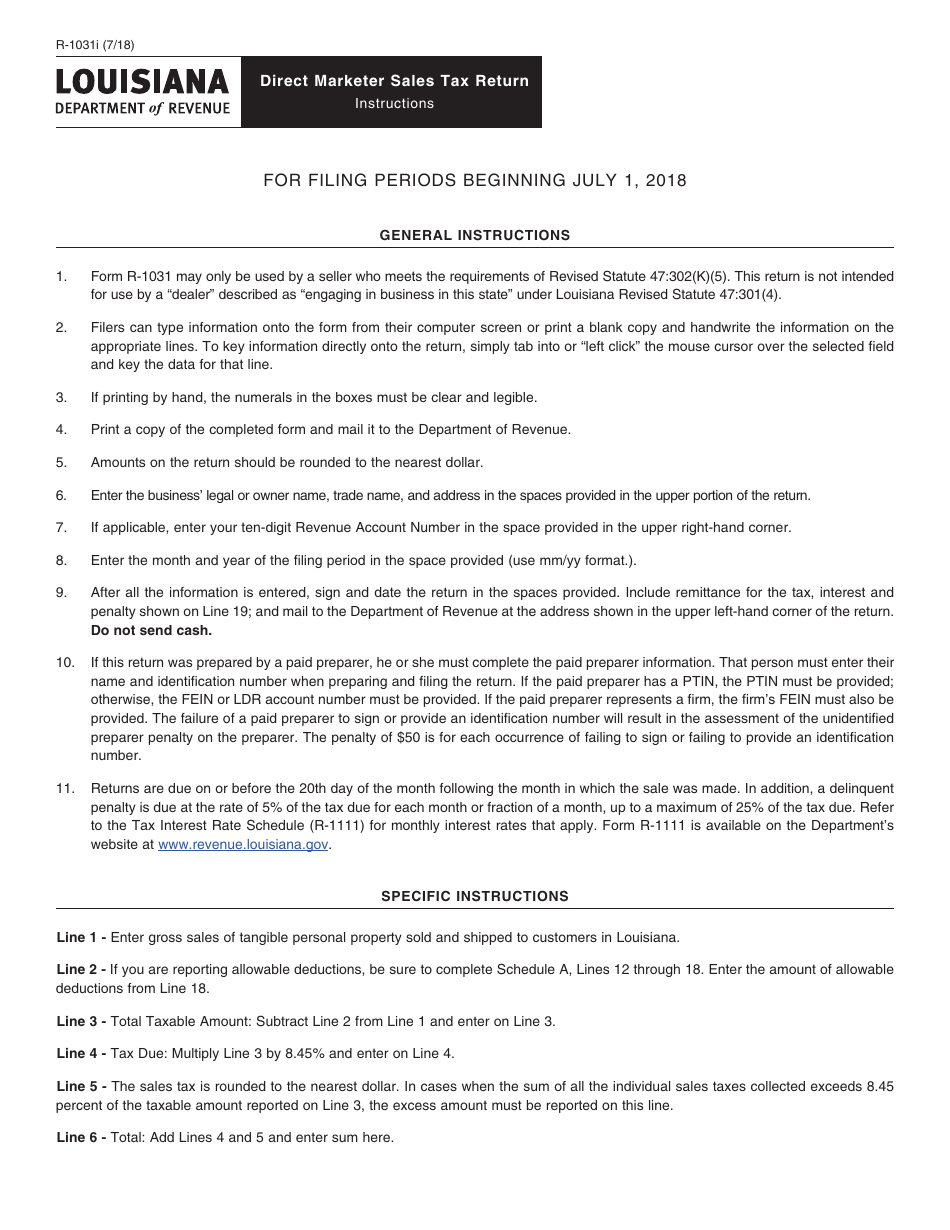 Instructions for Form R-1031 Direct Marketer Sales Tax Return - Louisiana, Page 1