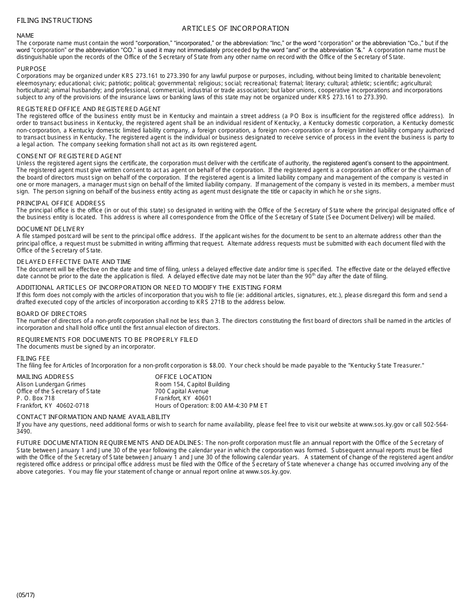 Kentucky Articles of Incorporation - Non-profit Corporation - Fill Out ...