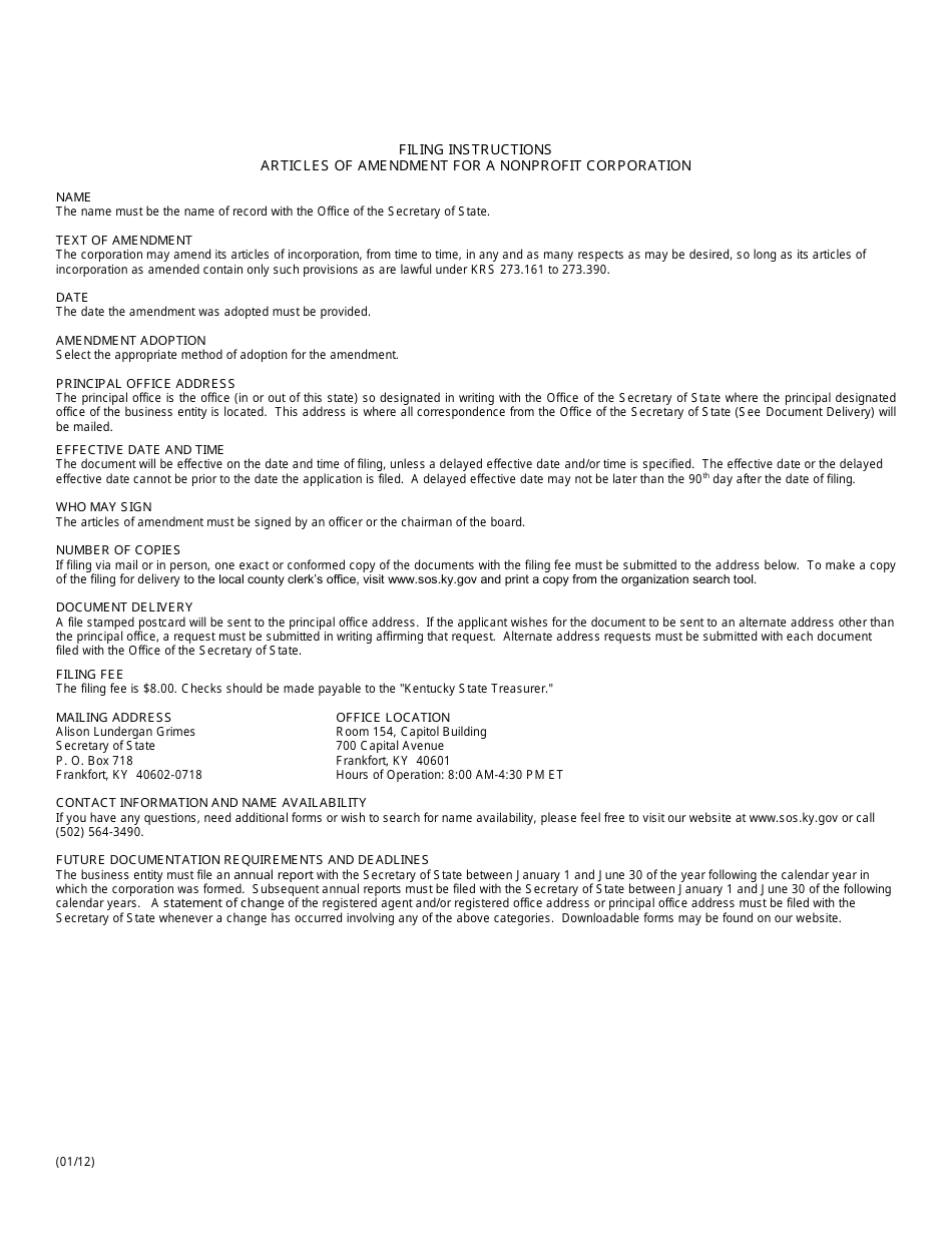 Articles of Amendment (Domestic Nonprofit Corporation) - Kentucky, Page 2