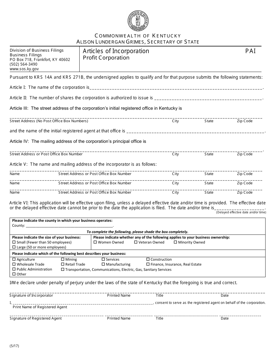 Kentucky Articles of Incorporation Profit Corporation Download