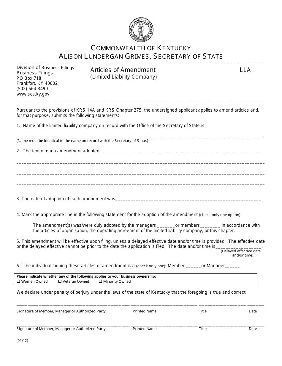 Articles of Amendment (Limited Liability Company) - Kentucky, Page 1