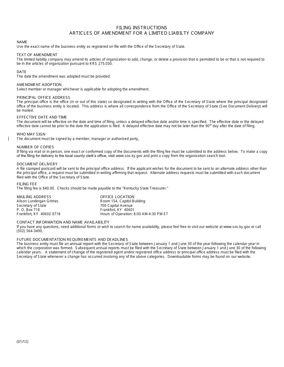 Articles of Amendment (Limited Liability Company) - Kentucky, Page 2