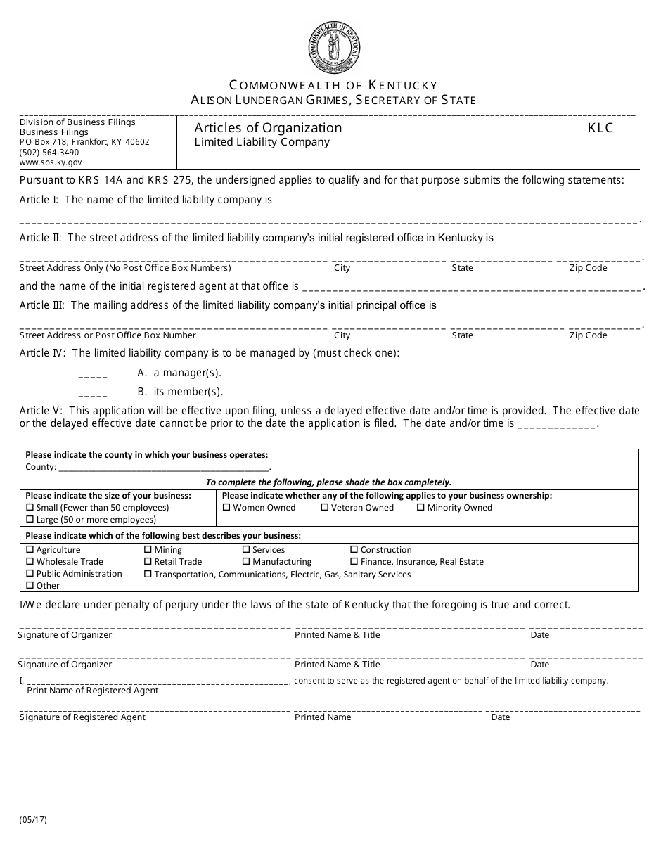 Kentucky Articles of Organization Limited Liability Company Fill