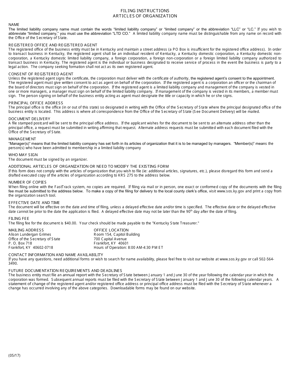 Articles of Organization - Limited Liability Company - Kentucky, Page 2