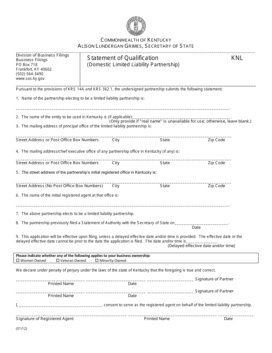 Statement of Qualification (Domestic Limited Liability Partnership) - Kentucky, Page 1
