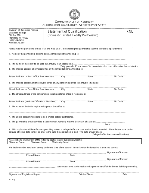 Statement of Qualification (Domestic Limited Liability Partnership) - Kentucky Download Pdf