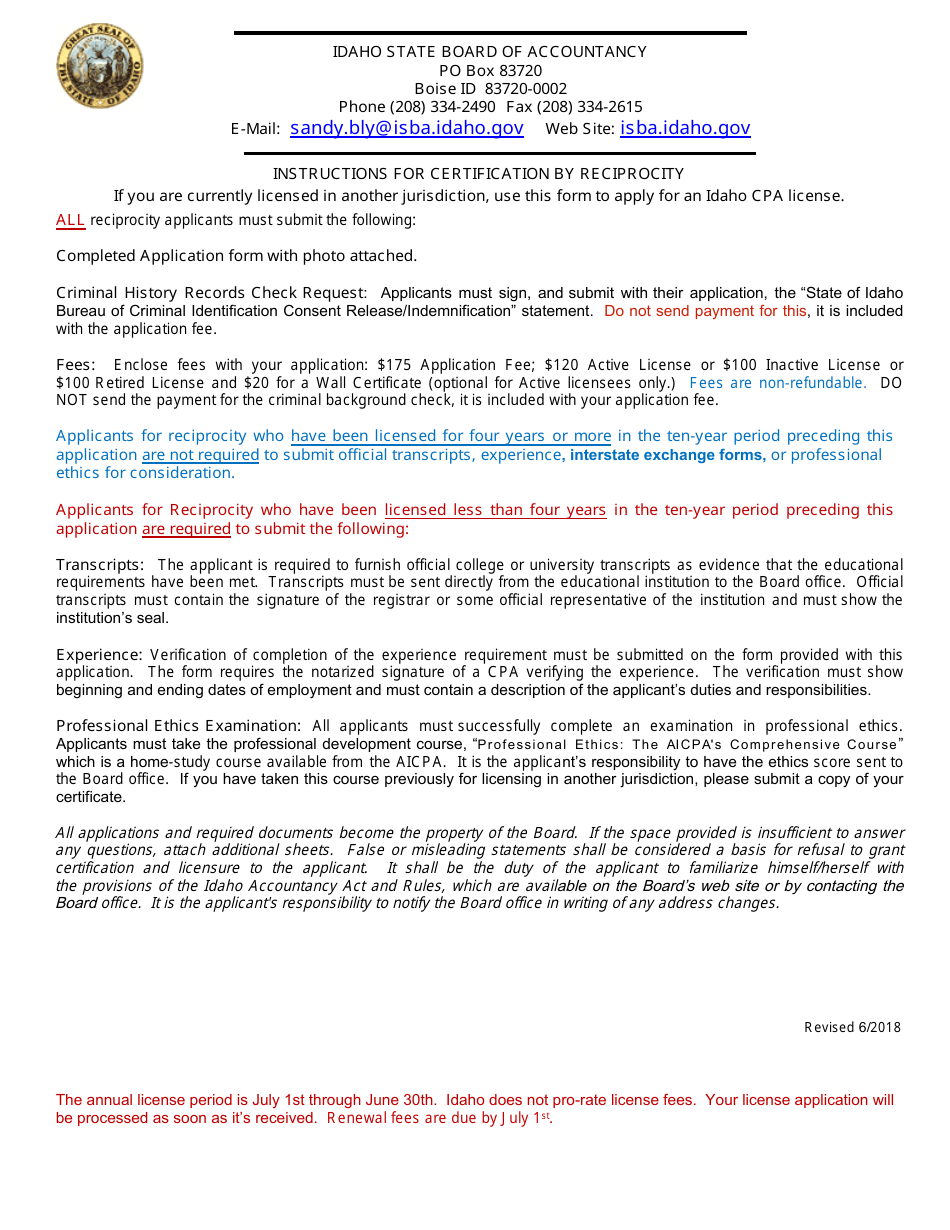 CPA License by Reciprocity - Idaho, Page 1