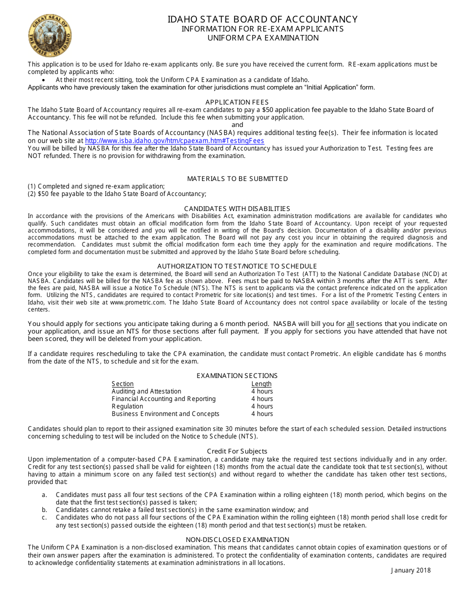 Re-exam Application Form - Uniform CPA Examination - Idaho, Page 1