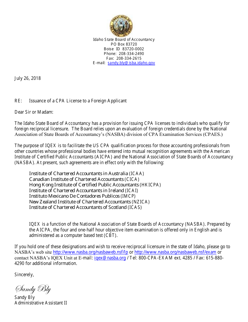 Application for CPA License: International Reciprocity - Idaho, Page 1
