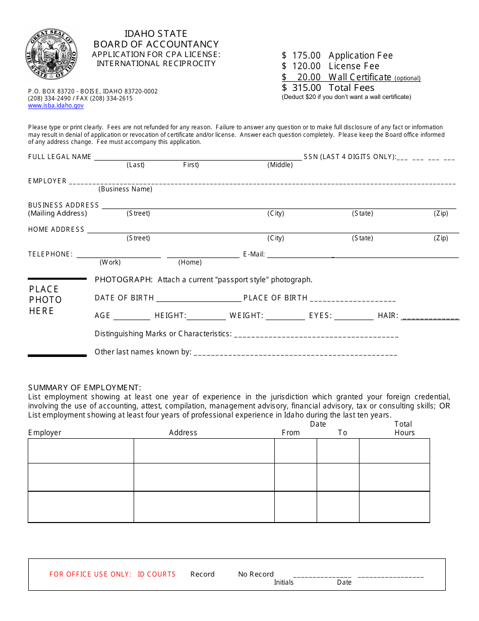 Idaho Application For Cpa License International Reciprocity Fill Out Sign Online And 5082