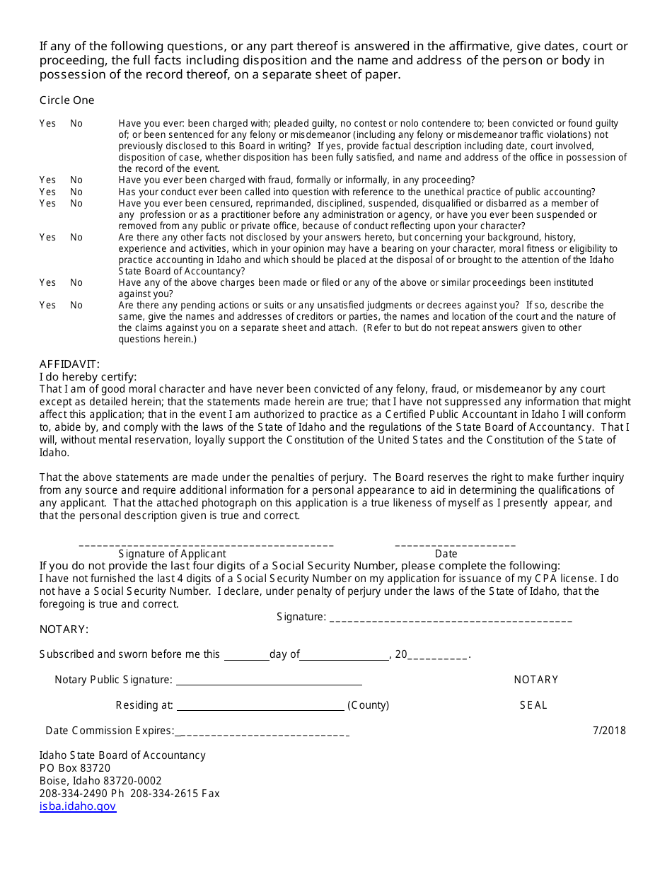 Application for CPA License: International Reciprocity - Idaho, Page 4