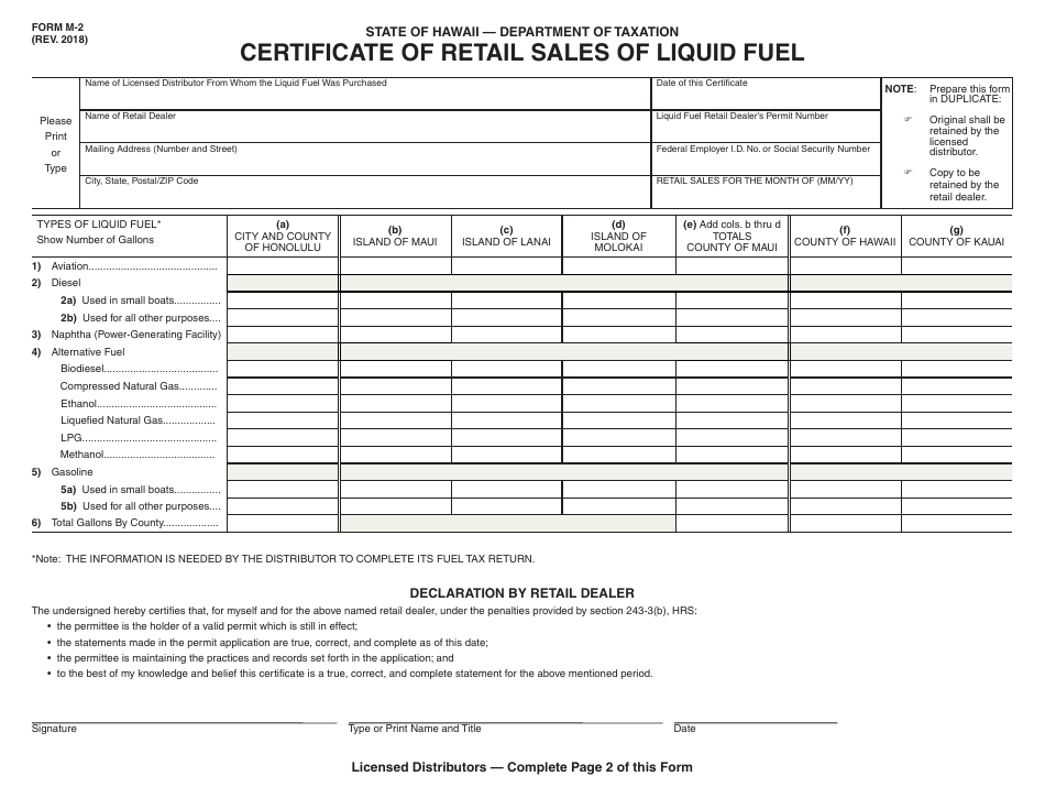 Form M-2 Certificate of Retail Sales of Liquid Fuel - Hawaii, Page 1