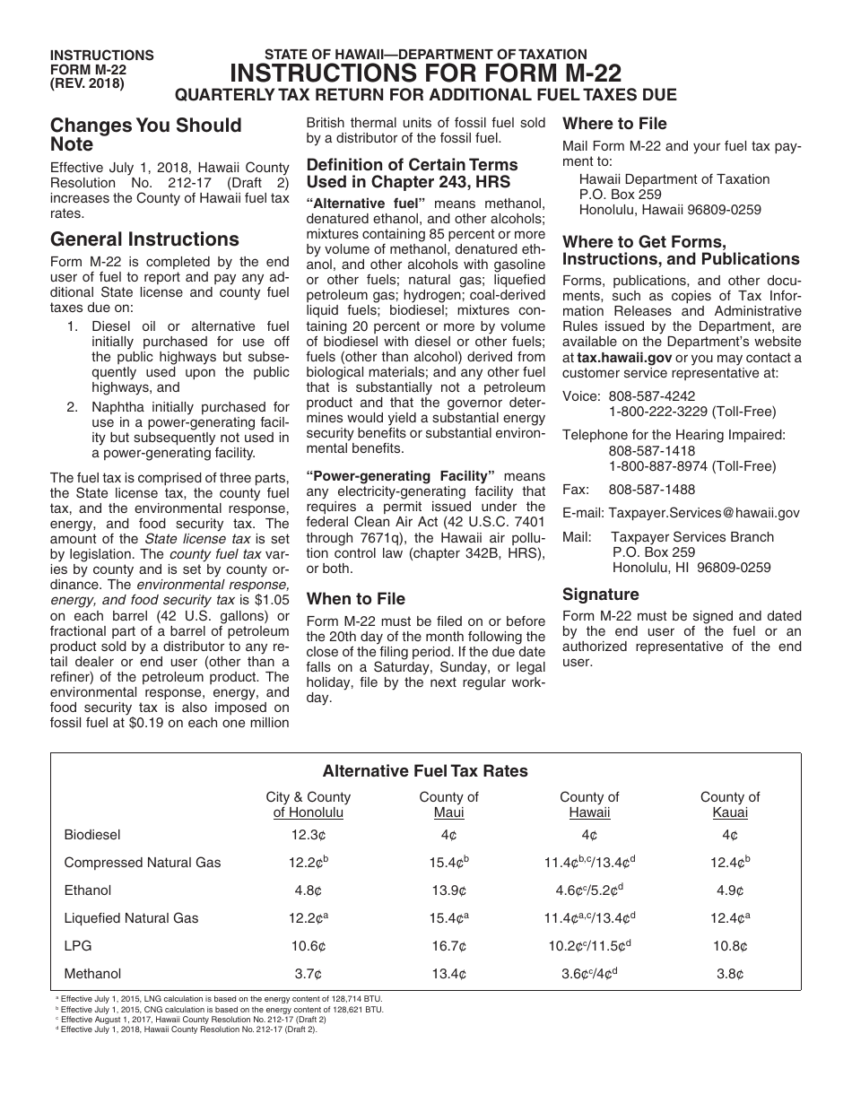 Instructions for Form M-22 Quarterly Tax Return for Additional Fuel Taxes Due - Hawaii, Page 1