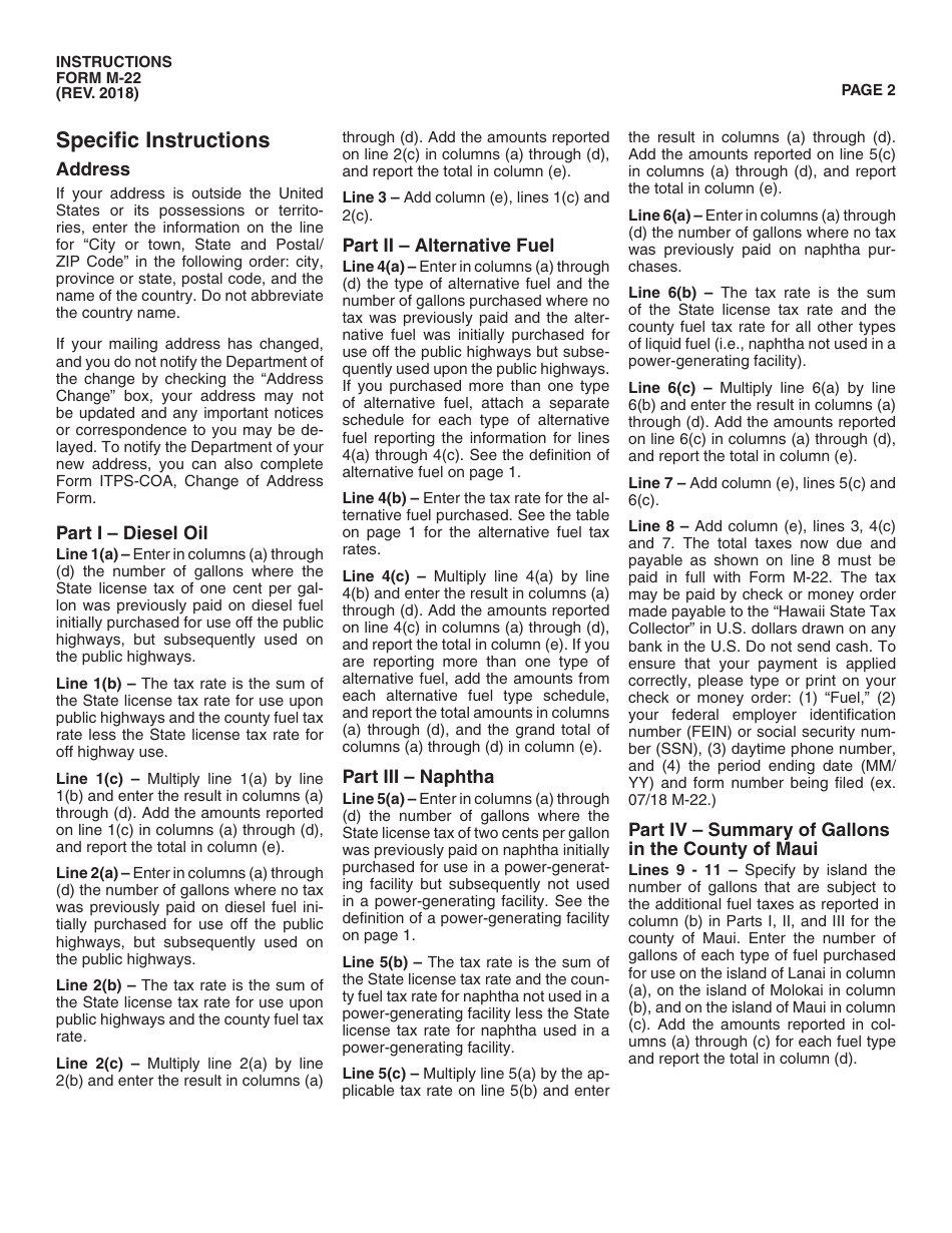 Instructions for Form M-22 Quarterly Tax Return for Additional Fuel Taxes Due - Hawaii, Page 2