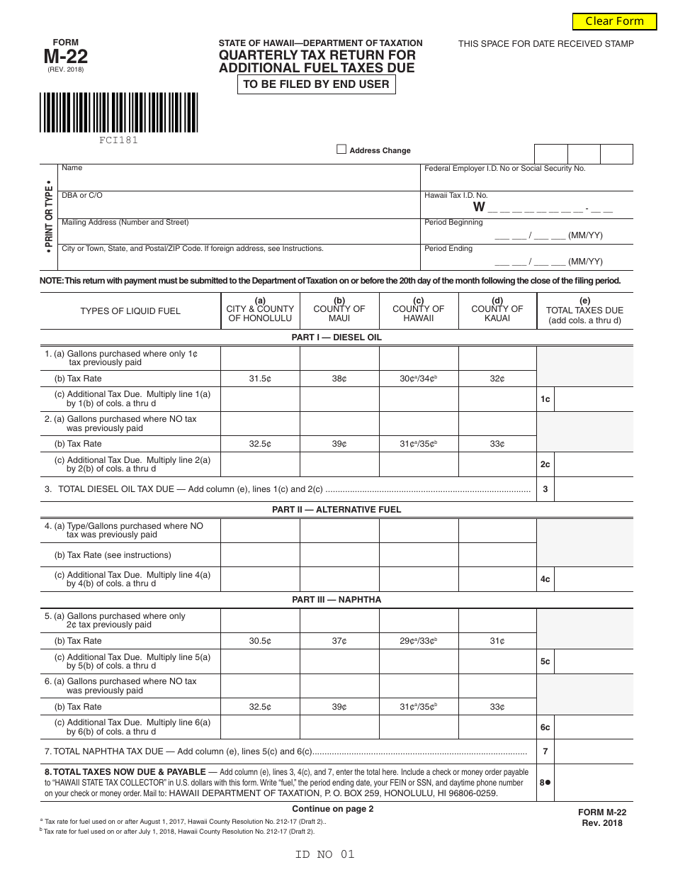 Form M-22 Quarterly Tax Return for Additional Fuel Taxes Due - Hawaii, Page 1