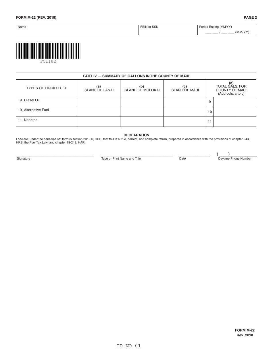 Form M-22 Quarterly Tax Return for Additional Fuel Taxes Due - Hawaii, Page 2