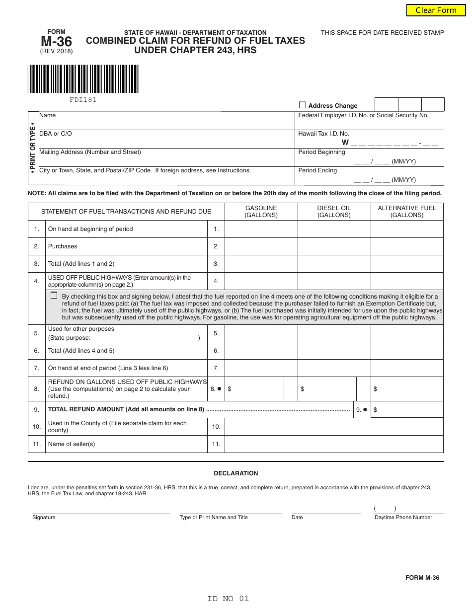 Form M-36 Combined Claim for Refund of Fuel Taxes Under Chapter 243, Hrs - Hawaii, Page 1