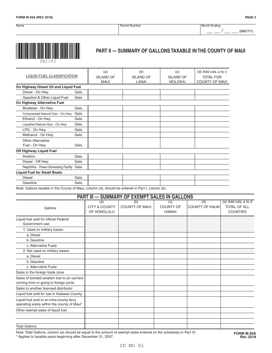 Form M-20A Monthly Return of Liquid Fuel Tax (State and County) and Environmental Response, Energy, and Food Security Tax - Hawaii, Page 3