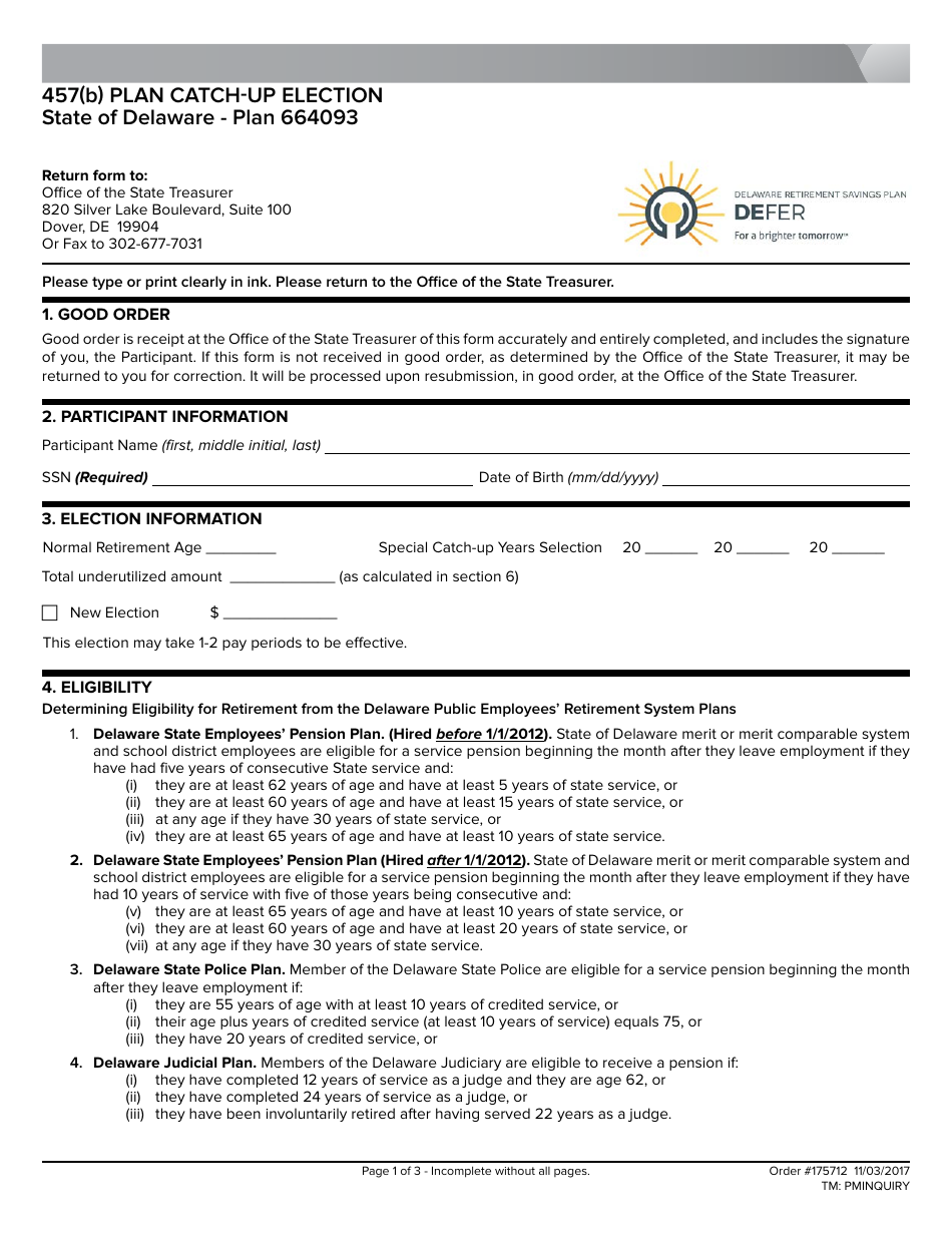 Delaware 457(B) Plan CatchUp Election Delware Plan 664093 Download